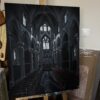 Tableau au pastel sur toile d'une cathédrale gothique en clair-obscur 60x80 cm - Le Silence de la Lumière