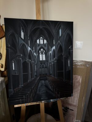 Tableau au pastel sur toile d'une cathédrale gothique en clair-obscur 60x80 cm - Le Silence de la Lumière
