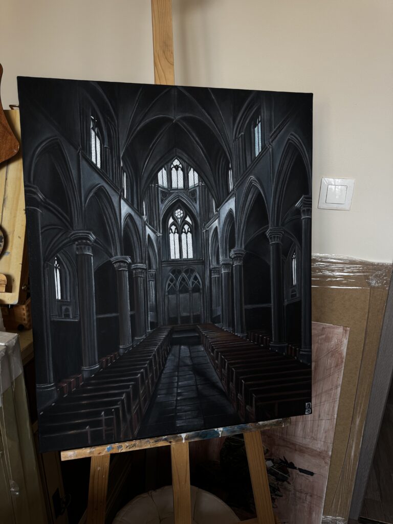 Tableau au pastel sur toile d'une cathédrale gothique en clair-obscur 60x80 cm - Le Silence de la Lumière